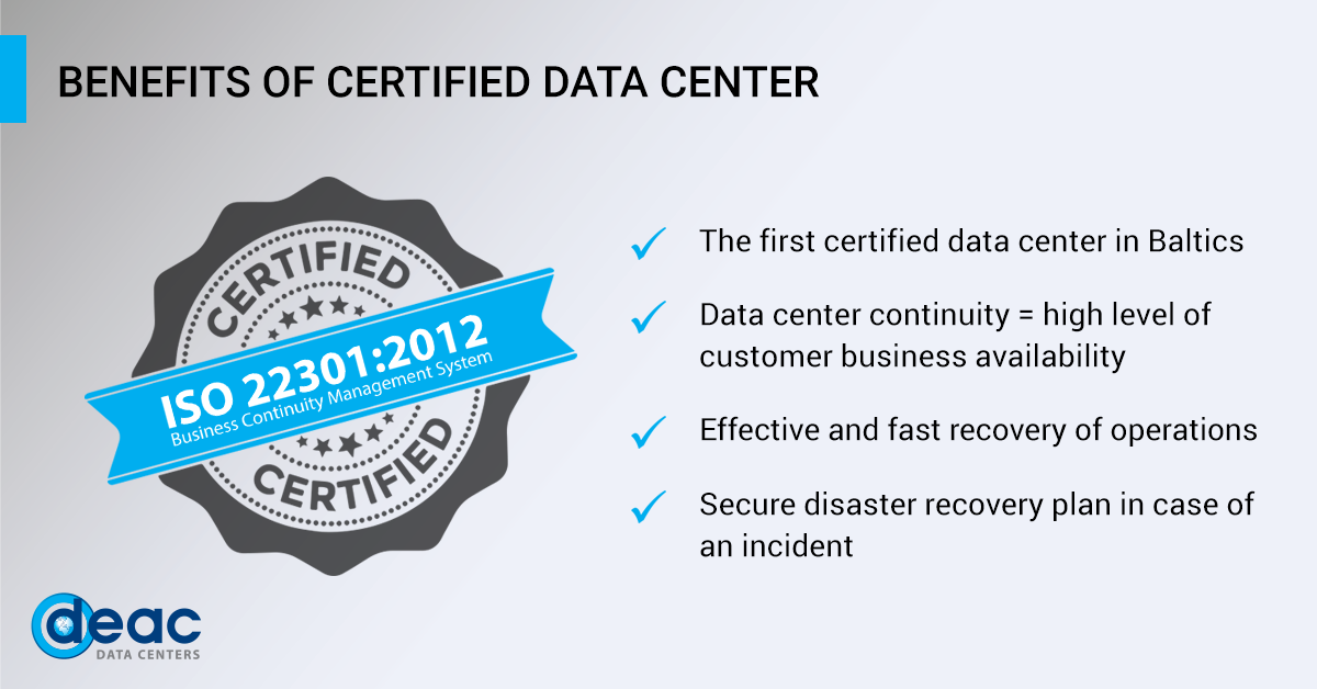 ISO 22301 sertificēts datu centrs DEAC
